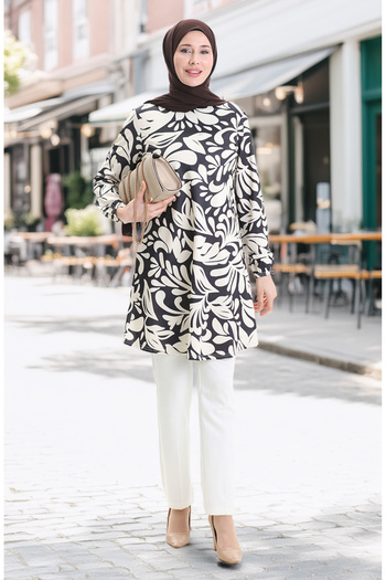 sefamerve Seasonal Patterned Tunic with Elastic Sleeve 8750-01 Black