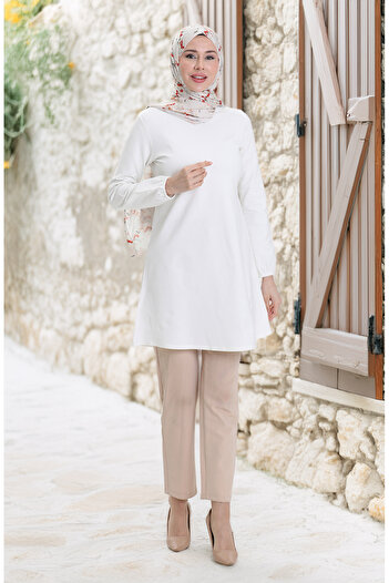 sefamerve Seasonal Flowy Plain Tunic with Elastic Sleeve Ends 8749-A01 Off-White
