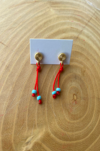 Shepidi Spiral Blue Bead Red String Earrings