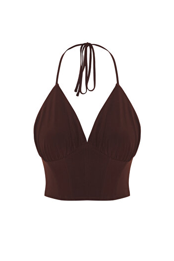 Trendyol Collection Hnědý tkaný bustier s výstřihem do V Tprss25Bs00021