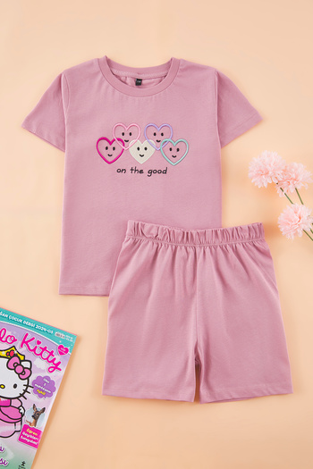 TRENDYOLKIDS Dusty Rose Girl 100% Cotton Heart Embroidered Short Sleeve Knitted Bottom-Top Suit Tkdss25Au00147