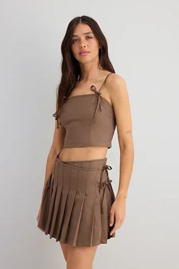 Trendyol Collection Light Brown Pleated Double Breasted Skirted Bow Crop Blouse Cotton Double Bottom Top Set Twoss25Au00111