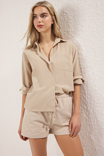 Trendyol Collection Mink Cotton Blended Linen Look Oversize Wide Fit Woven Shirt Twoss25Go00096
