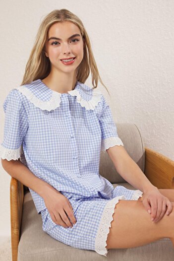 Trendyol Collection Set de pijamale țesute din bumbac albastru cu dantelă din poplin THMSS25PT00428