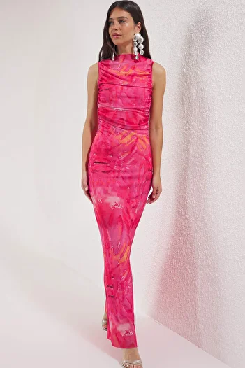 Trendyol Collection Multicolored Body Fitted Abstract Patterned Lined Tulle Knitted Evening Dress Tprss25Ae00040