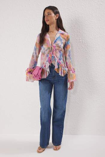 Trendyol Collection Powder-Multicolor Front Body and Sleeve Ruffle Detailed Tie-Up Woven Shirt Twoss25Go00090