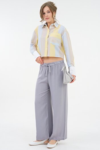 Saade Gray Patterned Elastic Waist Binding Detailed Woven Viscose Palazzo