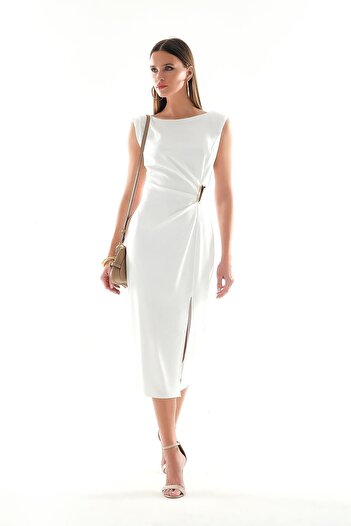EXPLOSION Fitted Midi Length Stylish Dress with Front Slit
