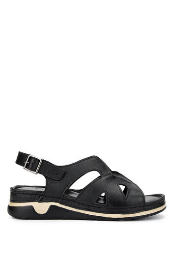 Tamer Tanca Women's Genuine Leather Black Leather Heeled Sandals