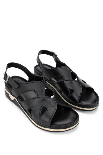Tamer Tanca Women's Genuine Leather Black Leather Heeled Sandals