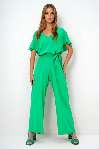 VAGGON Women's Green V-Neck Flared Sleeves Self-Belted Woven Summer Jumpsuit Prmx13787