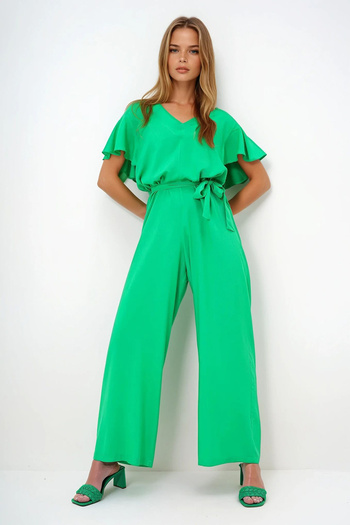 VAGGON Women's Green V-Neck Flared Sleeves Self-Belted Woven Summer Jumpsuit Prmx13787