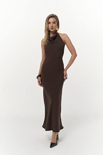 MAİ COLLECTİON Loretta Backless Brown Long Dress