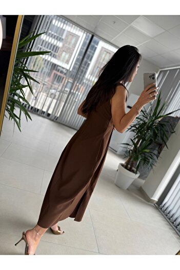 caddstore My 3718 Kahve Broş Detaylı Krep Elbise