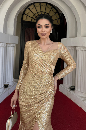 giyimmasalı Pul Payet Kumaş Tasarım Büzgü Detaylı Elbise - GOLD