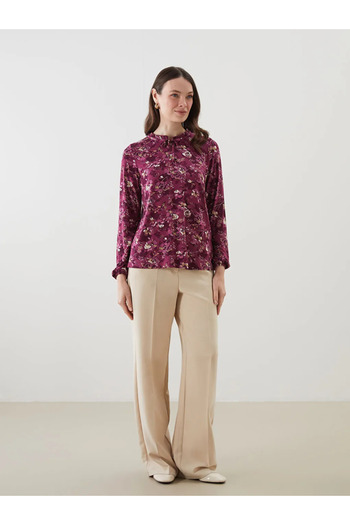 LC Waikiki Γυναικεία μπλούζα LCW Grace Plum Lace-Up Collar Floral
