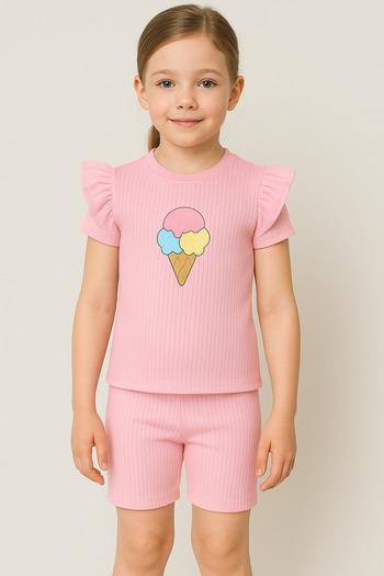 Bubito Pink Embossed Ice Cream Cotton Baby Girl Shorts Set