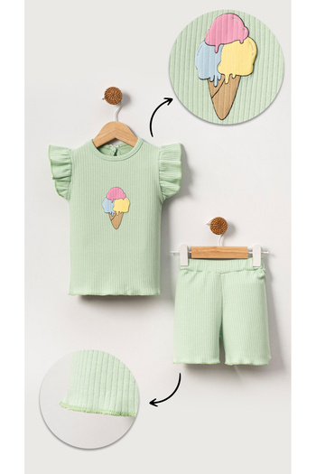 Bubito Green Cotton Baby Girl Shorts Set - Ice Cream Image and Embossed