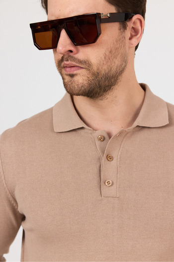 hateko Saf %100 Pamuk Camel Polo Yaka Triko Kazak