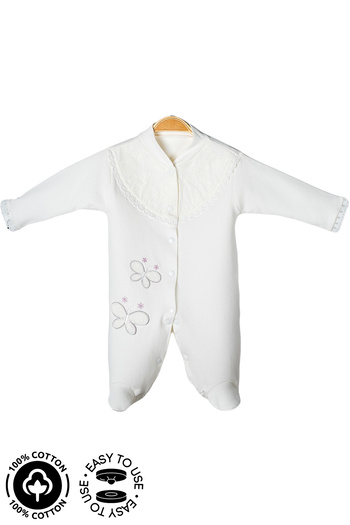 Miniel 3-6-9 Months Baby Girl Embroidered Guipure Detailed Organic Cotton Booties Jumpsuit