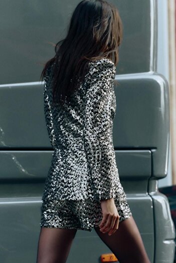 Butik Allbucks Za Ra Sequined Sequin Shiny Collarless Blazer Jacket Abzra1000