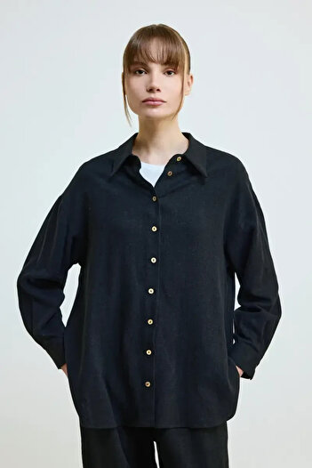 Gusto Relaxed Fit Linen Shirt -Black