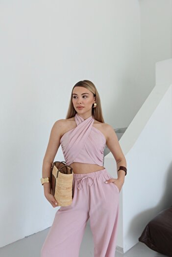 Laluvia Pink Halterneck Bustier Trouser Suit - 30352