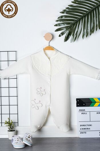 Miniel 3-6-9 Months Baby Girl Embroidered Guipure Detailed Organic Cotton Booties Jumpsuit