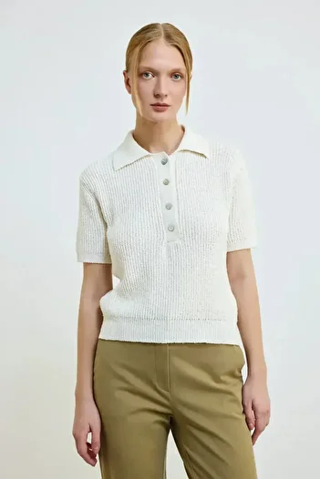 Gusto Cotton Short Sleeve Knitwear Blouse - Ecru