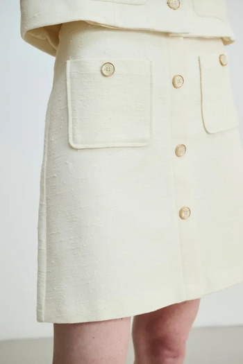 Gusto A-Line Cut Cotton Tweed Skirt - Ecru