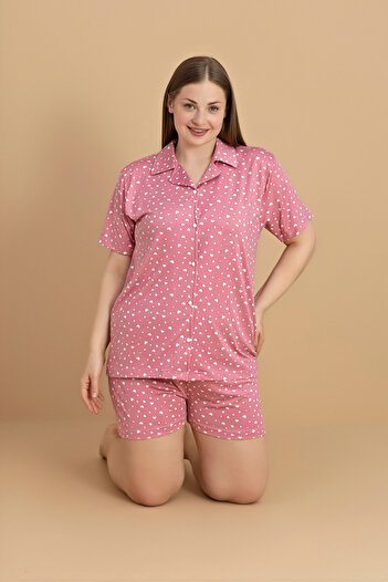 Fulla Moda Büyük Beden Kalp Baskılı Gömlek Yaka Şortlu Pijama Takımı
