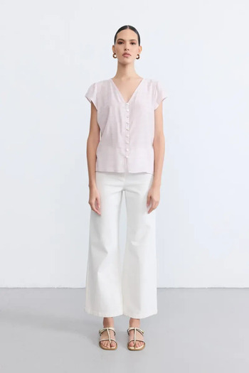 Gusto V-Neck Gathered Blouse - Lilac