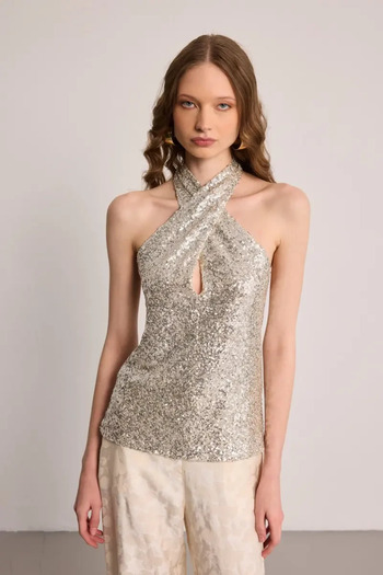 Gusto Sequin Sequin Cross Neck Blouse - Gray