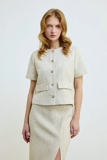 Gusto Ecru Short Sleeve Cotton Tweed Jacket