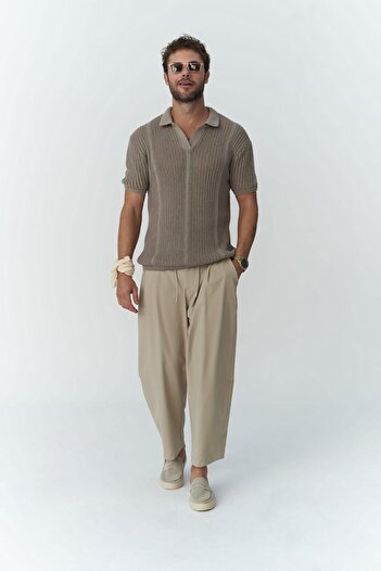 MAİ COLLECTİON Kenway Men's Beige Trousers with Lace Detail