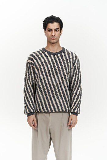 MAİ COLLECTİON Elijah Stripe Anthracite Men's Knitwear Sweater