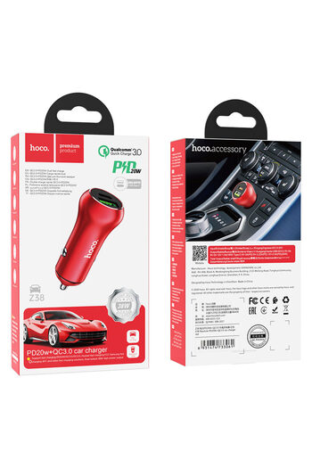 REDz Accessories Hoco Z38 Car Charger, Quick Charge 3.0, Power 20W, 1x USB port + 1x type C port, Red