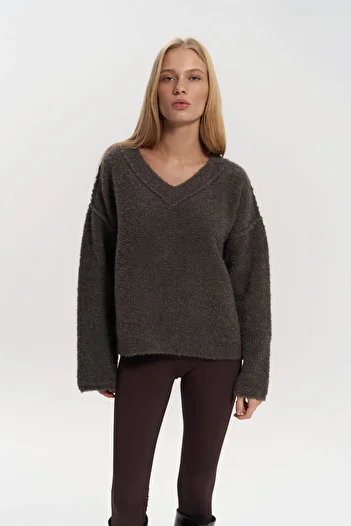 MAİ COLLECTİON Peoria Neck Collar Detail V-Neck Brown Knitwear Sweater