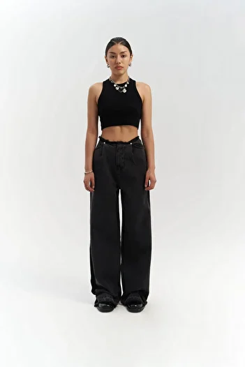 MAİ COLLECTİON Leony Waist Detail Black Jeans