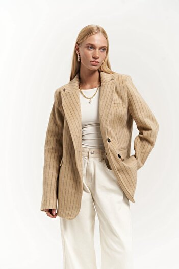 MAİ COLLECTİON Taupe Striped Blazer - Peters Stitch Detailed