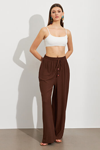 Cool & Sexy Women's Brown Elastic Waist Wrap Pants Rop105