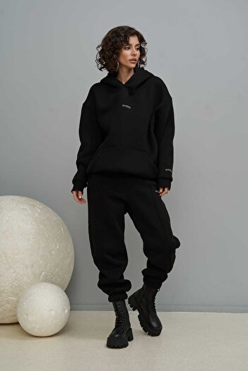 MAİ COLLECTİON Minimal Print Black Tracksuit