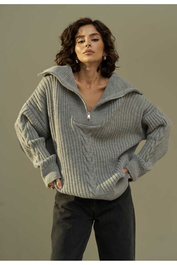 MAİ COLLECTİON Mai Rika Smoked Hair Braided Zippered Knitwear Sweater