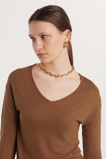 Tudors Women's Standard Fit Elastic Sleeve Wide Collar Brown Blouse
