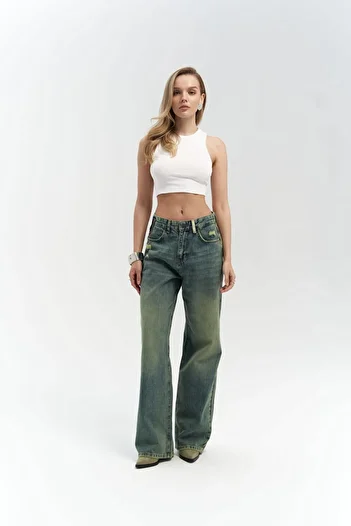 MAİ COLLECTİON Blair Washed Green Jean Trousers
