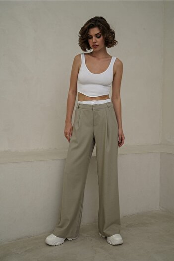 MAİ COLLECTİON Poppy Boxer Detail Olive Green Palazzo Trousers