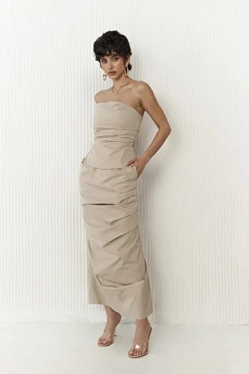 MAİ COLLECTİON Camellia Beige Crop Skirt Set