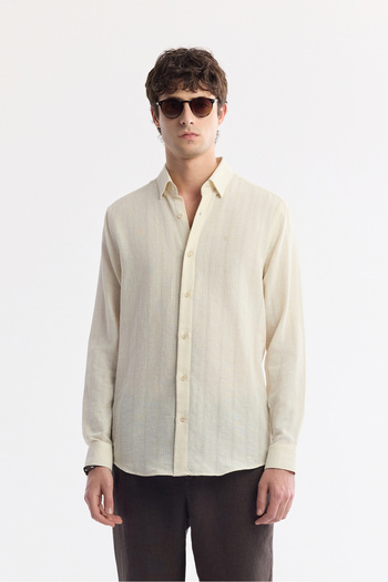 Avva Men's Comfort Fit Beige Bottomed Britli Collar Cotton Textured Long Sleeve Shirt A51Y2111