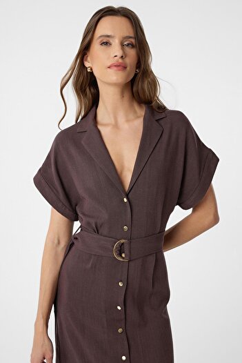 Antioch Brown Linen Blended Belted Women's Dress