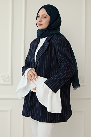 InStyle Navy Blue Blazer Jacket with Striped Sleeves and Flounces
